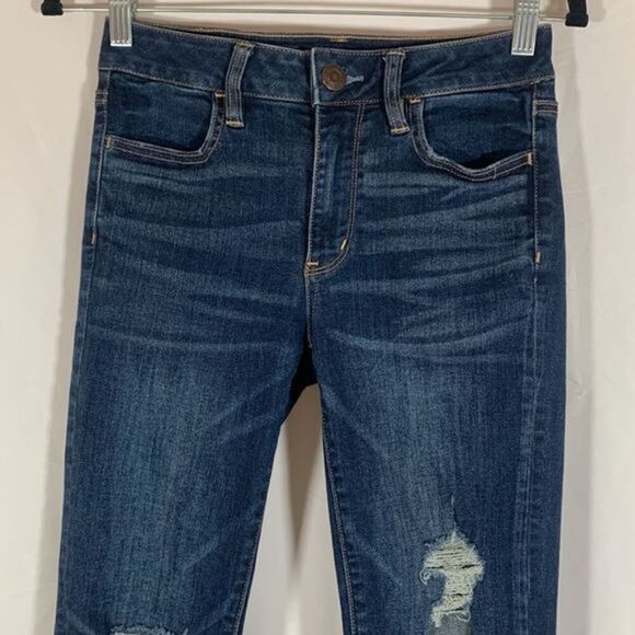 American Eagle Dark Wash Distressed High Rise Jeggings - Picture 3 of 16